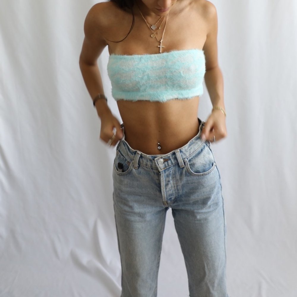 Fluffy Houndstooth Bandeau Top - Blue